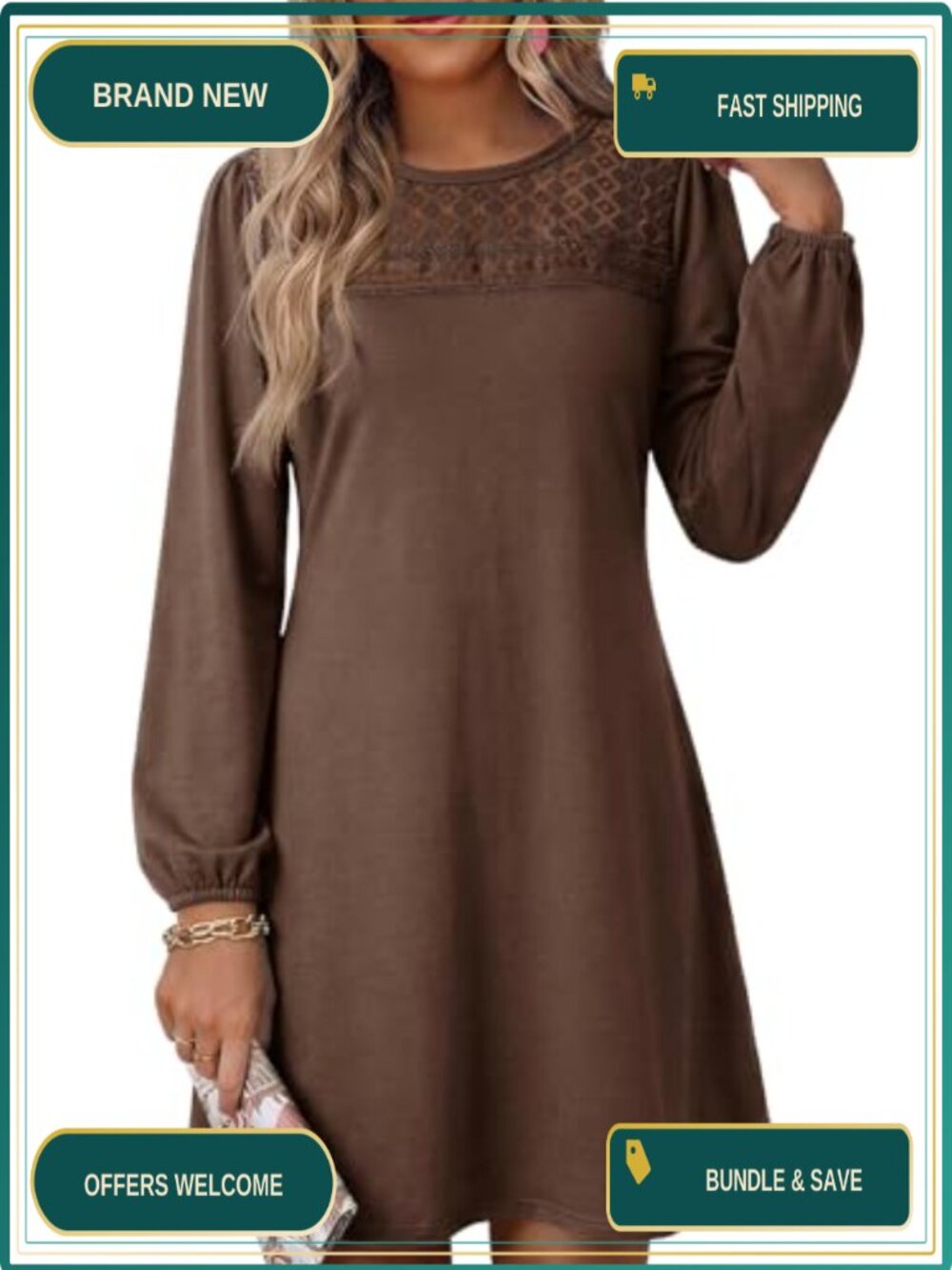 Women's A-Line Babydoll Mini Dress Long Sleeve Crewneck Casual Hollow Out Knit